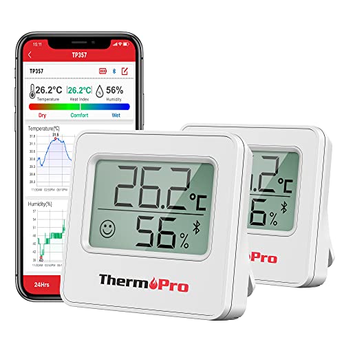 Higrómetro ThermoPro TP357 260FT Bluetooth, com monitor remoto de temperatura e humidade e APP inteligente, medidor de sensor de temperatura e humidade com registos máximos e mínimos, 2 peças