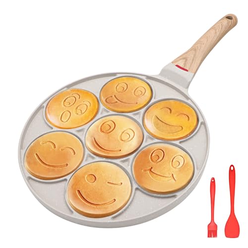 Bobikuke Frigideira para panquecas Smiley, molde panquecas anti-aderente 7 furos frigideira para crepes de pequeno-almoço para crianças 26 cm - branco