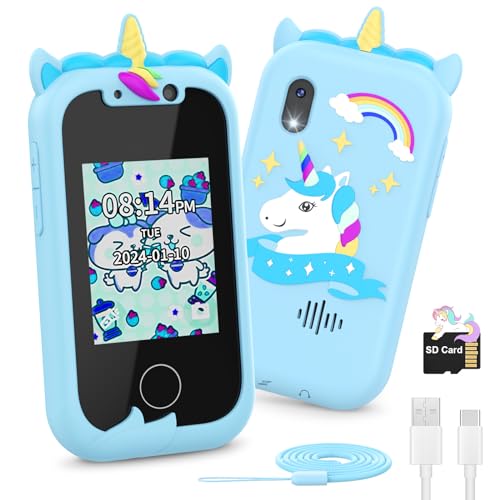 Ashfly Telefone de brinquedo, smartphone para meninas 3-10 anos, 2,4" unicórnio aniversário brinquedos com ecrã tátil, educação móvel para crianças