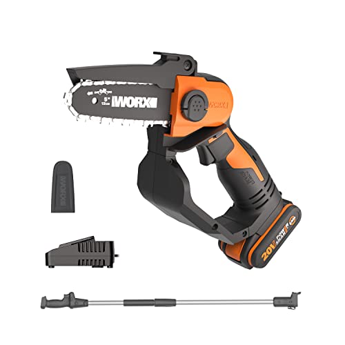 WORX Minimotosserra a bateria de 18 V (máx. 20 V) WG324E.1, PowerShare, 12 cm, trilho de guia de baixa vibração, leve e portátil, 1 bateria e 1 carregador incluído