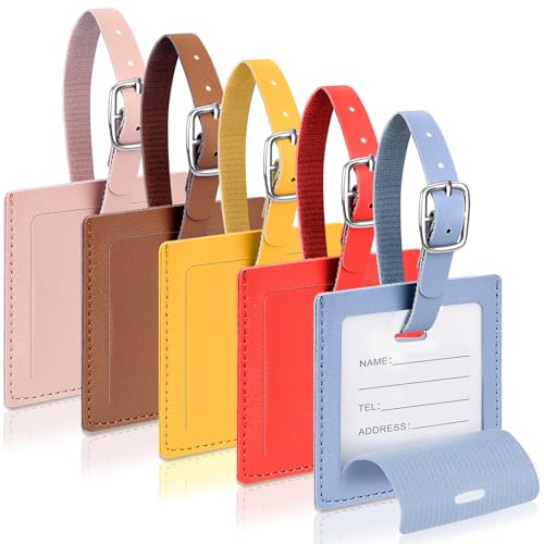 Cozary 5 peças identificador de malas, etiqueta quadrada mala viagem couro de PU, identificador malas viagem com etiqueta de nome, Luggage Tag para evitar perda de malas e malas