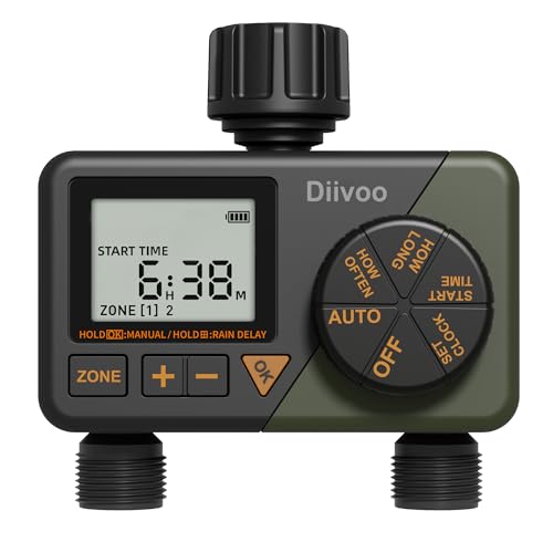 Programador de água de irrigação, programador de aspersores diivoo de 2 saídas, programador automático de torneiras com atraso de chuva/modo de relva automático e manual