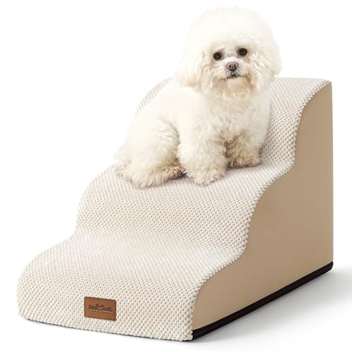COZY KISS Escada para cães pequenos, escadas para animais de estimação de espuma para cama e sofá, ampa para gatos com capa lavável e fundo antiderrapante, leve, 40 x 57 x 40 cm, 3 pelos, bege