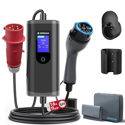 bokman Carregador de carro elétrico tipo 2 CEE, 11 kW / 3 fases / 5 metros / 6-16A / IP65 impermeável, EV-carregador portátil com adaptador CEE para veículos elétricos