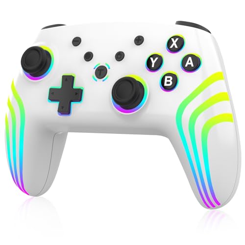 Mando Inalámbrico para consola Switch/Lite/OLED, Mando Switch Pro con iluminación RGB Que Cambia de Color/Vibración Dual/Giroscopio de 6 Ejes/Despertar, Joystick Preciso de Diseño Ergonómico, Blanco