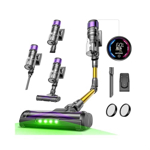 Ultenic U20 Aspirador sem cabo 55 Kpa/60 Min, escova anti-emaranhado melhorada 2025, aspirador vassoura com braço flexível, limpeza ultra profunda baixo móveis sem se agachar (ouro e roxo)