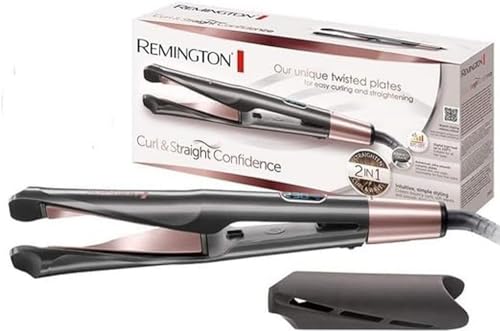 Remington Ferro de cabelo Curl & Straight Confidence, placas em espiral, 2 em 1 liso e encaracolado, ideal para ondas, cerâmica, 5 temperaturas até 230°C, digital, cinzento, S6606B