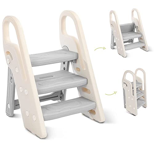 Onasti Banqueta dobrável de escada infantil, banco para crianças, 3 degraus, assento de treino para sanita, multifuncional, ajustável em altura, antiderrapante (cinzento)