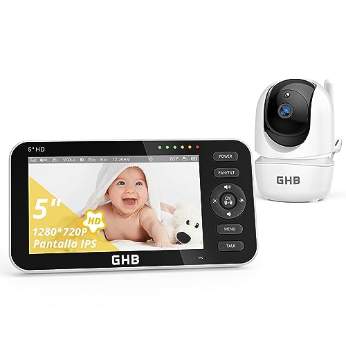 GHB Câmara de vigilância para bebé com 5" HD ecrã monitor de bebé com câmara, bateria de 4000 mAh suporta 4 câmaras, ecrã dividido, 4 × zoom, visão noturna, comunicação bidireciona ouvir bebés