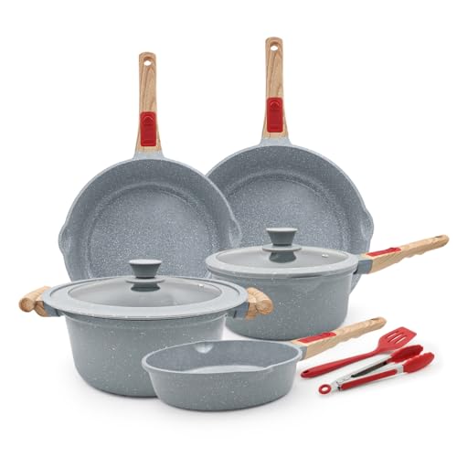 AIKENBBKK Conjunto de panelas e frigideiras de cerâmica de 9 peças, frigideira com tampa 20/24/28 cm, panela de 20 cm, panela 4,7 l, conjunto de panelas com revestimento cerâmico antiaderente e cabo