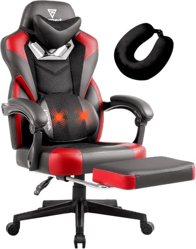 Vigosit Cadeira de jogos com apoio para os pés, cadeira de escritório de malha de PC com função de massagem, poltrona de jogos (vermelho preto)