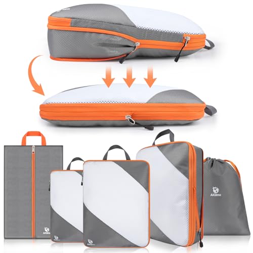 AiQInu Organizador de malas, 5 peças Compression Packing Cubes ultra-leve, expansível, economia de espaço para organizadores de viagem para roupas, roupa interior, bolsa sapatos viagem