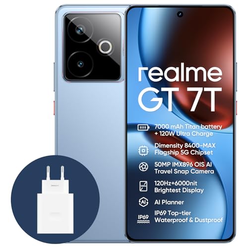 realme Smartphone GT 7T 5G, 12 + 256 GB, bateria de 7000 mAh, carregamento de 120 W, processador Dimensity 8400-MAX, IMX896 50 MP câmera, AI Planner, ecrã Pro-Esports de 6000 nits120 H. Z, IP69 ,azul