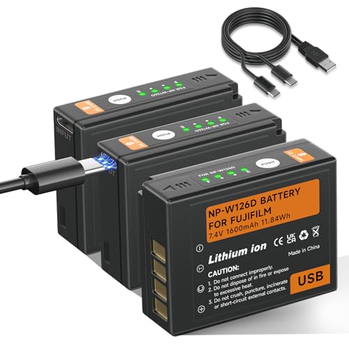 Mspalocell Pacote de 3 baterias USB NP-W126S 1600 mAh USB tipo C, compatível com Fuji X-T100, X-T200, X100F, X100V, X-S10, X-A5, X-A10, X-E3, X-E4, X-Pro2, X-Pro3, PP T2, X-T3, X-T10, X-T20, X-T30,