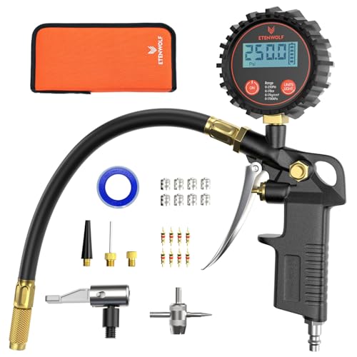 ETENWOLF T500 manómetro pressão pneus digital, 0-17 bar/250 PSI insuflador de pneus, de ar e acessórios para compressor com saco de armazenamento