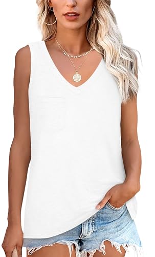 NONSAR T-shirt básica de verão sem mangas para mulher. T-shirt elástica com decote em V e bolso, t-shirt interior confortável de estilo casual