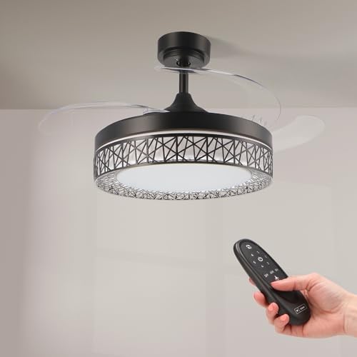 M mimotec - Black Aqua 66 W Led Ceiling Fan with light, controlo remoto, baixo consumption, motor DC 30 W + 36 W LED Light, 6 velocidades, Quiet, 4 lâminas foldáveis, winter, temporizador