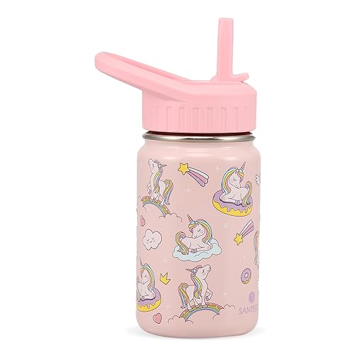 SANTECO Garrafa de água isotérmica para crianças, 350 ml, com palha, garrafa metálica de aço inoxidável isolada a vácuo sem BPA, reutilizável para a escola, desportos e jardim de infância