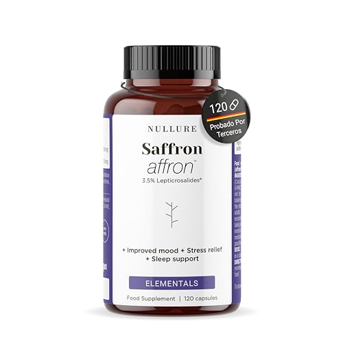 Nullure Açafrão Espanhol Premium | Cápsulas de açafrão Patente Affron | 3,5% Lepticrosalides | Vegan e sem aditivos | Melhora o humor, stresse · Ansidead · Sonho, extrato de açafrão puro, 120 caps.