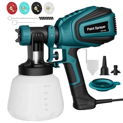 Pistola de pintura HVLP 700W, pulverizador elétrico com tanque de 1200 ml, fluxo de 1000 ml/min, 4 bicos e 3 modelos, fluxo ajustável, com juntas para limpeza e sopro