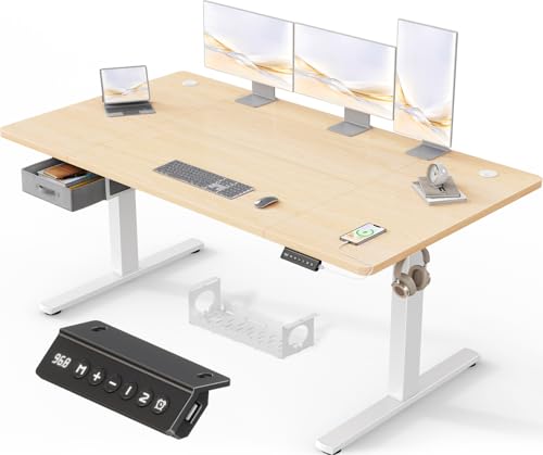 Devoko 160 x 80 cm mesa elétrica elevável com gavetas, mesa regulável em altura de carregamento USB-A, mesa de secretária elevável de gestão de cabos e lembrete de postura sentada, Bordo