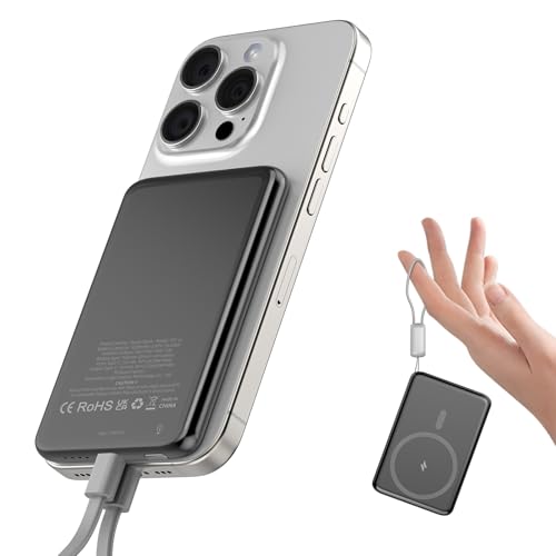 Power Bank 5000 mAh, bateria portátil magnética sem fios, PD de 20 W USB C, bateria externa de carregamento rápido, com luz indicadora LED, cabo de carregamento rápido, Powerbank para iPhone 16/15/14