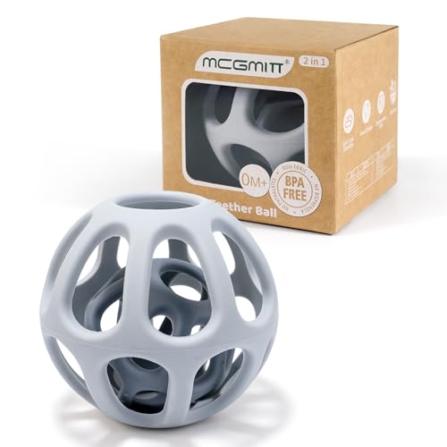 MCGMITT Mordedor bebé 2 em 1, brinquedo de silicone para dentição com bola de aderência, mordedor para bebés a partir de 0 meses +, brinquedo sensorial sem BPA, acessórios para dentição (cinzento)
