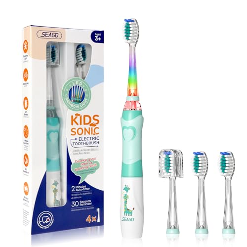 Seago Escova de dentes infantil com luz colorida, escova elétrica infantil 3 cabeças de substituição extra macias, temporizador de 2 minutos, adequado para crianças acima de 3 anos SG977 (verde)