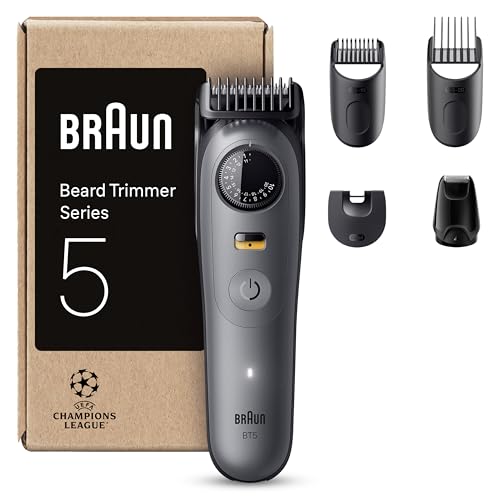 Braun Aparador de barba série 5 BT5525, barbeiro recarregável resistente à água, 5 acessórios de barbear, 120 min de automonomia, 40 comprimentos, lâmina ultra afiada, cinzento