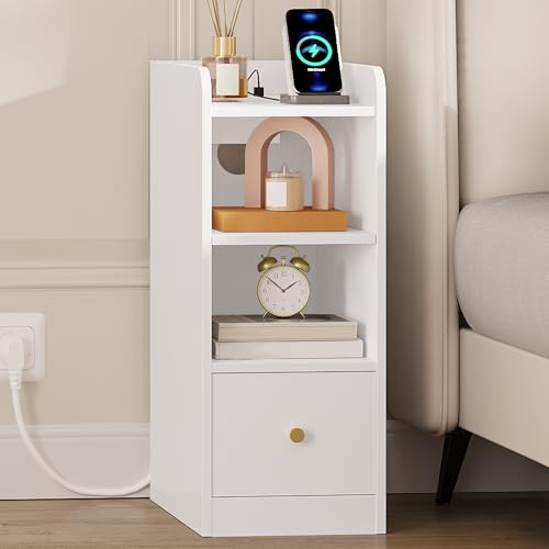 Hzuaneri Mesas de cabeceira com estação de carregamento, porta USB e tipo C, mesas auxiliares estreitas, espaço de armazenamento de 3 níveis com 1 gaveta, para quarto, sala, branco NS36403X