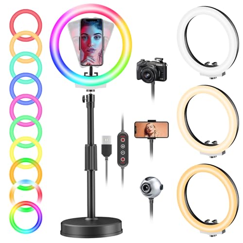 PEYOU Aro de luz com tripé, RGB Ring Light de chassis redondo reforçado, anel de luz regulável para TikTok, maquilhagem, selfie fotos, Youtube, Twich Live, etc.