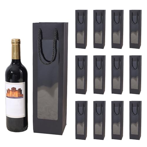 Saco de presente de vinho Kraft com janela transparente com alça, organizador de vinho kraft para o Natal, casamento, festa (preto)