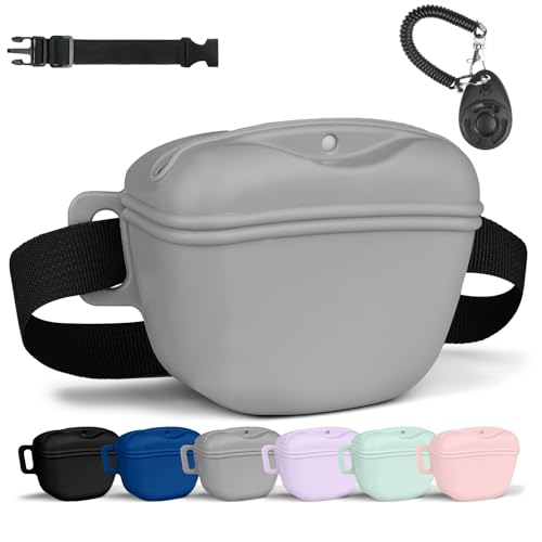 Aomig Saco de prémios para cães, saco de treino para cães com clicker treino, saco de silicone para golosinas para cães, bolsa de prémios para cão portátil, cinzento