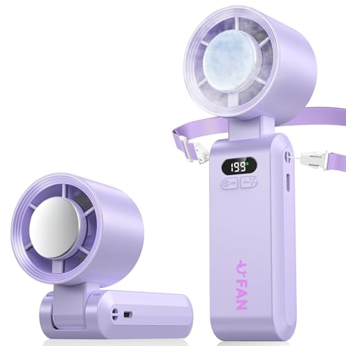 Mini ventilador de mão, função de refrigeração, 5000 mAh, vento forte e turbo ajustável de velocidade (1-199), ventilador de pescoço pequeno dobrável USB para campismo, viagens, casa, escritório (roxo