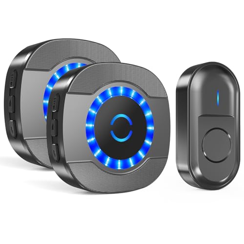 SURFOU Campainha sem fios impermeável com 2 receptores tomada, campainha porta de casa de 300 m alcance para interior e exterior, 55 melodias ajustáveis, 5 níveis de volume, indicador LED, preto