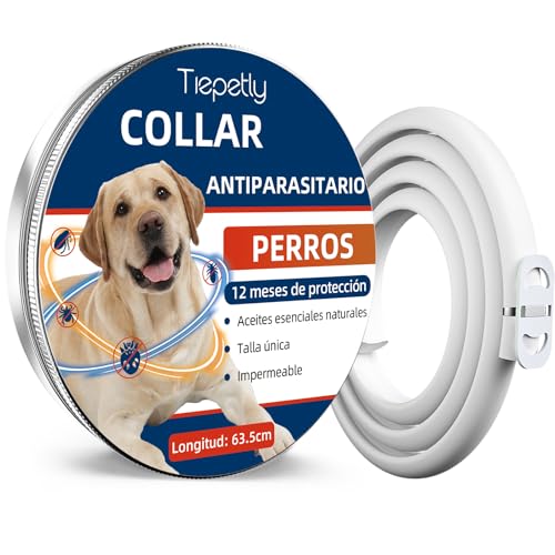 Tiepetly Coleira antiparasitária cães, elimina pulgas, carrapatos, piolhos, coleira anti-parasitas cães com óleos essenciais 100% naturais, impermeável, ajustável (63,5 cm, 1 pacote)