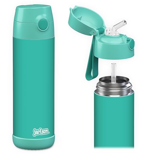 Jarlson® garrafa de água para crianças com palhinha CHARLI, garrafas de água de aço inoxidável - térmicas, sem BPA, à prova de fugas, para a escola e desportos, o termos térmico, 500 ml