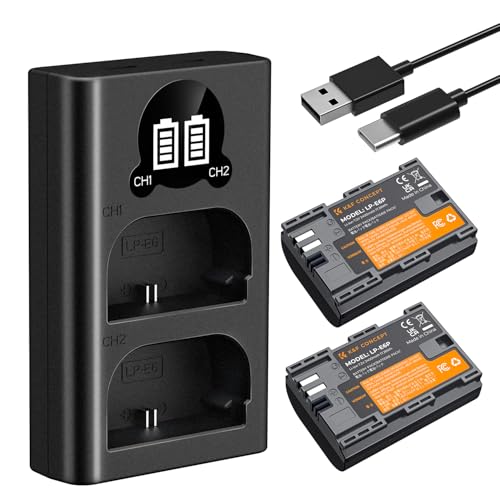 K&F Concept LP-E6P Bateria 2400 mAh de alta capacidade 2 ranhuras ecrã LCD carregador compatível com Canon EOS R5 Mark II, R5, R62, R6, R7 e câmaras com bateria série LP-E6