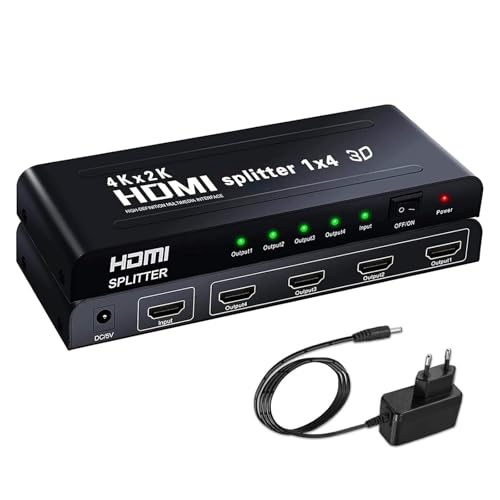 Ozvavzk Splitter HDMI 1x4 - Distribuidor de 1 entrada 4 saídas - Suporta 4K, 3D, 1080P - Para Box, PS4, PS3, BLU-Ray, HDTV, DVD, DVR
