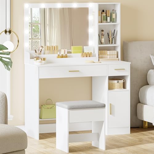 HEXCELEN Toucador com banco, toucador de maquilhagem com espelho e luzes LED com brilho ajustável, mesa de maquilhagem, 2 gavetas, 4 compartimentos e 1 armário, 40 x 108 x 141 cm, branco