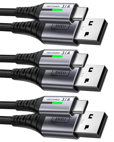 INIU Cabo USB C, [3 Pack 3.1A] cabo entrançado nylon de carregamento rápido QC3.0 cabo USB tipo C, (2 m + 2 m + 0,5 m) cabo sincronização de dados para iPhone 16 15 Samsung S20 Plus Note 10 Huawei