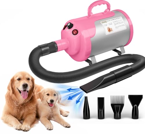 Blanlody Secador de cabelo para cães Blower muito silencioso 5,2 cv / 3800 W motor de velocidade ajustável, para cuidados com cães com 4 bicos diferentes mangueira elástica