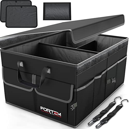 Fortem Organizador de porta-bagagens, caixa de armazenamento dobrável com compartimentos, base antiderrapante, correias, bolsos