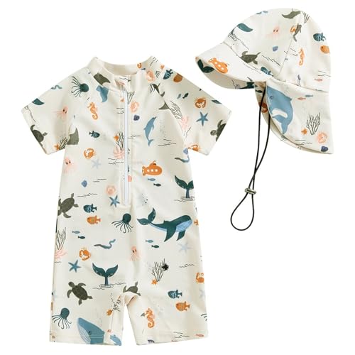 WYTbaby Fato de banho para bebé, roupa UV de uma peça, manga curta, roupa de proteção UV para bebé menino com chapéu de sol