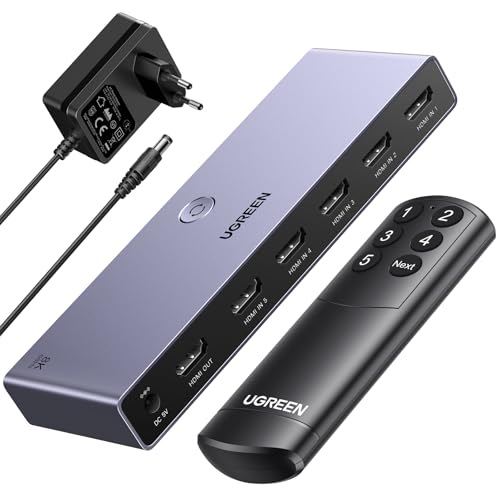 UGREEN 8K 60Hz Switch HDMI 2.1 5 entradas 1 saída 4K 240 Hz HDCP 2.3 adaptador de alimentação interruptor com controlo remoto compatível com PS5/4 Xbox Nintendo Switch DVD Apple TV Fire Stick