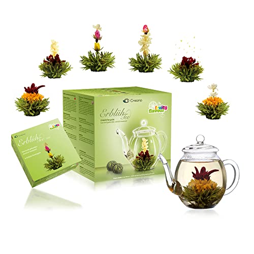 Creano Conjunto de presente ErblühTee: Chaleira de vidro com flores de chá verde frutado (6 variedades) - presente para mulher, mãe, amantes de chá - conjunto de 7 peças