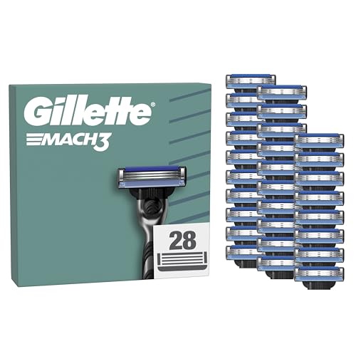 Gillette Mach3 Base Pack de 28 peças sobressalentes para máquinas de barbear para homem, lâminas de barbear com 3 folhas e faixa de lubrificante, compatível com todos os manípulos Mach3