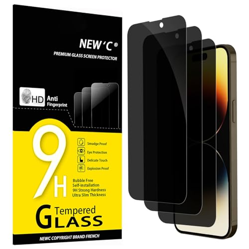 NEW'C 3 peças, protetor de ecrã privacidade para iPhone 14 Pro Max (6,7 polegadas), ângulo de privacidade de 28 graus, dureza ultra duradoura de 9H, sem bolhas