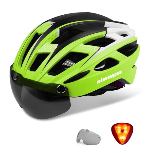 Shinmax Capacete de bicicleta com luz, certificação CE, com viseira magnética, segurança ajustável removível, óculos desportivos de proteção ligeira para ski e snowboard. Capacetes de bicicleta unissexo, adultos NR-096.