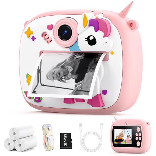 YOZISS Câmara com fotografia digital estampada, 1080P dupla câmara infantil instantânea crianças câmara digital com cartão Microsd, reprodutor de música vídeo e jogos, presente para meninos e meninas